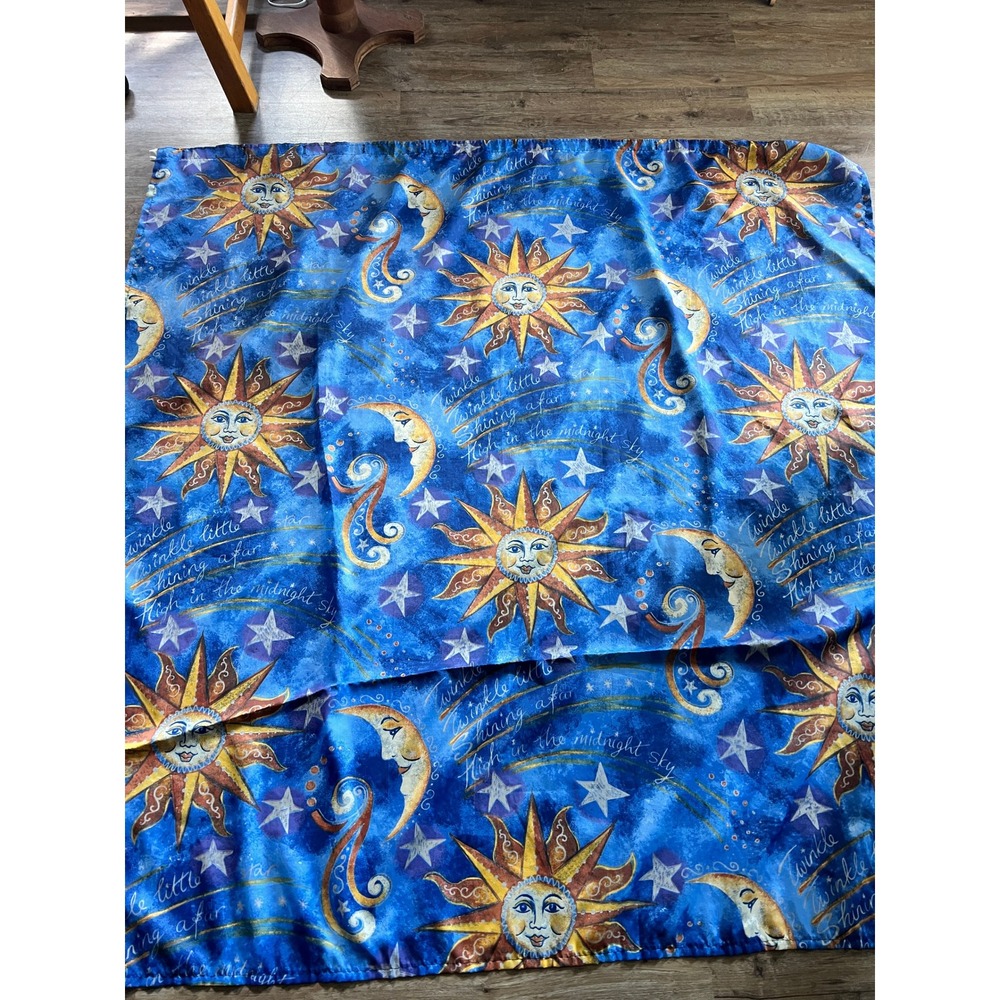 Vintage 90s Celestial Sun Moon Stars Fabric Shower Curtain Blue 69x71